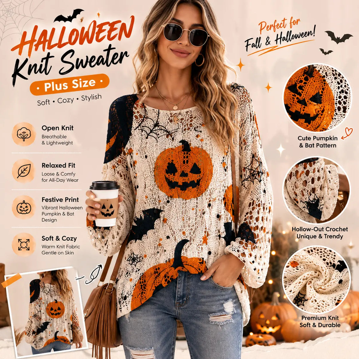 Halloween Pumpkin Bat Open Knit Sweater – Oversized Crochet Pullover with Spider Web Details, Spooky Fall Casual Knit Top