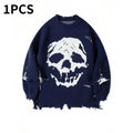 Vintage Distressed Skull Knit Sweater – Gothic Ripped Graphic Pullover, Alternative Streetwear