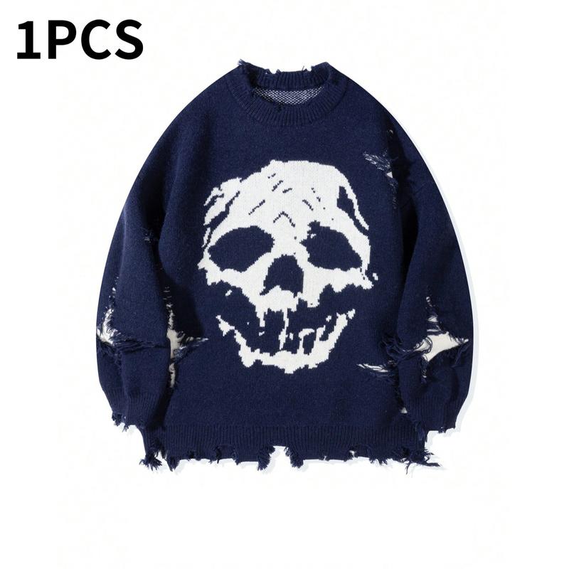 Vintage Distressed Skull Knit Sweater – Gothic Ripped Graphic Pullover, Alternative Streetwear