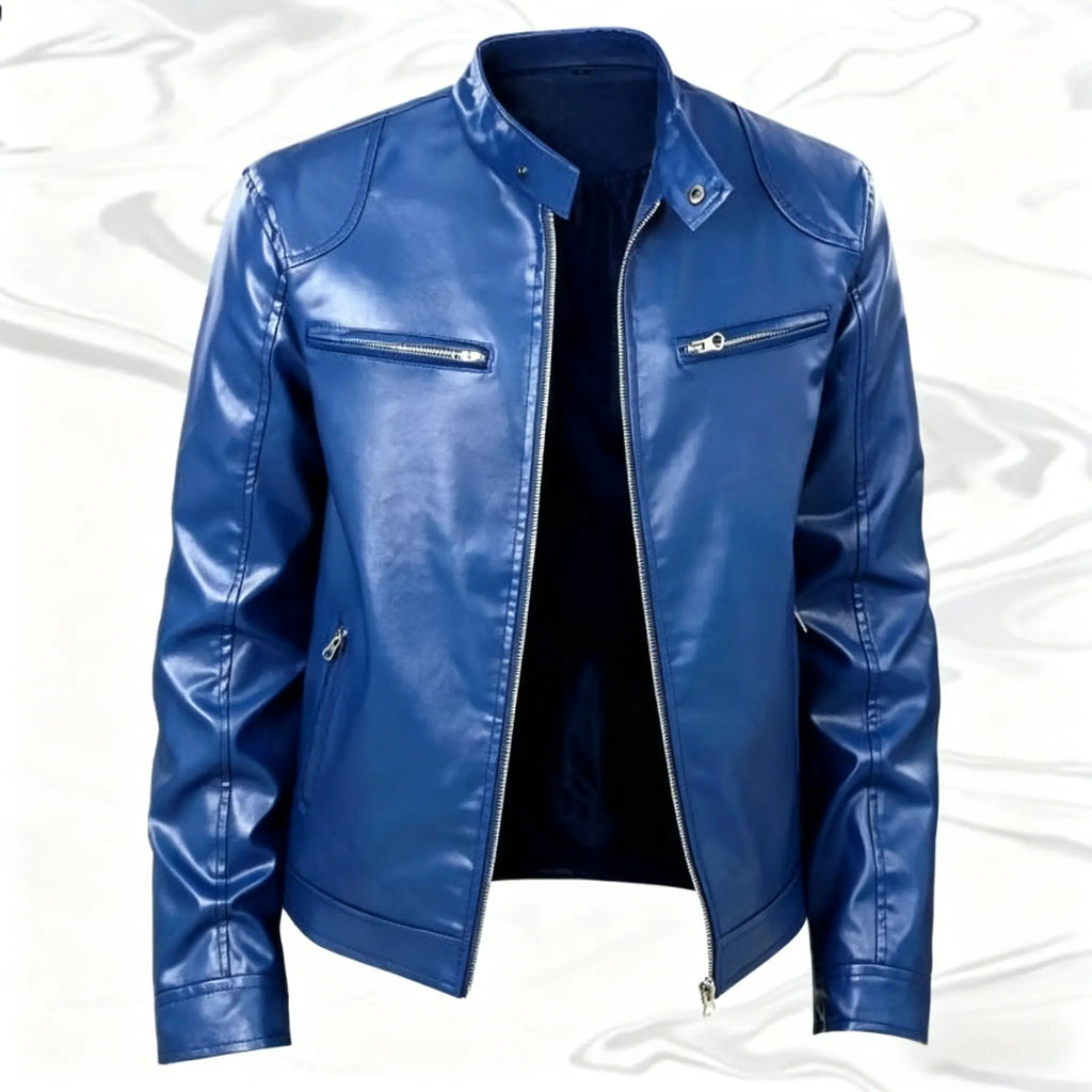 Men’s Faux Leather Biker Jacket – Stand Collar Slim Fit Moto Jacket with Zip Pockets, Casual Streetwear