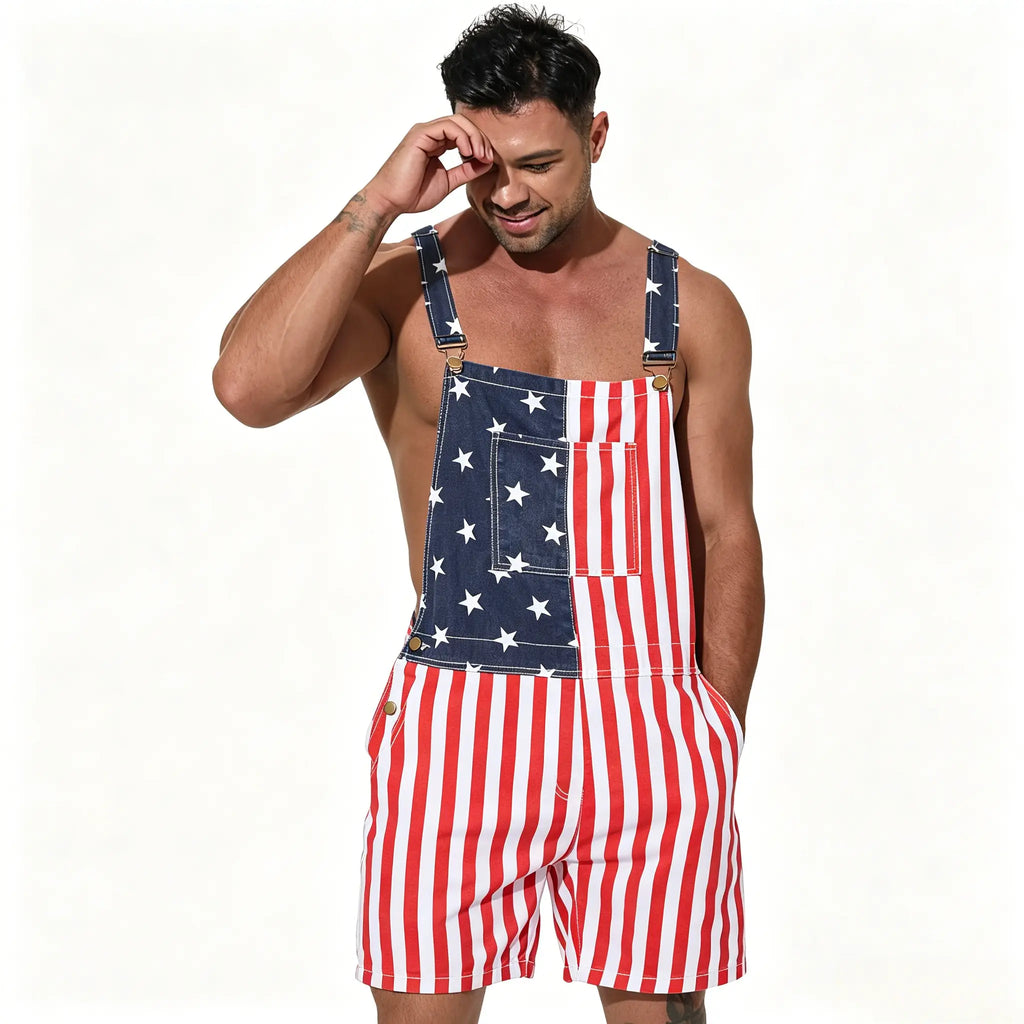 Unisex US Flag-Print Cropped Denim Overalls - Patriotic Summer Party Fashion Accessory Set Casual Fit Button Man
