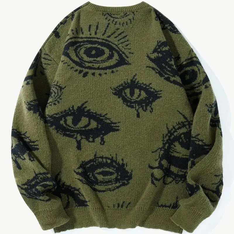 Men’s All-Over Eye Graphic Knit Sweater – Gothic Y2K Crew Neck Pullover, Oversized Streetwear Sweater for Fall & Winter