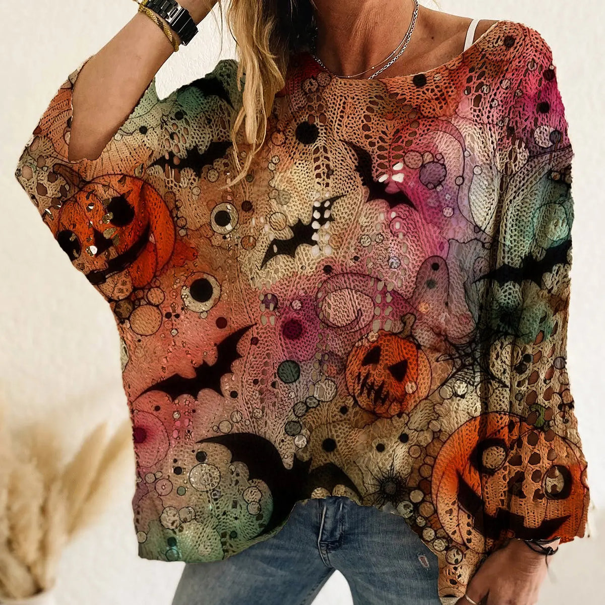 Halloween Pumpkin Bat Open Knit Sweater – Oversized Crochet Pullover with Spider Web Details, Spooky Fall Casual Knit Top
