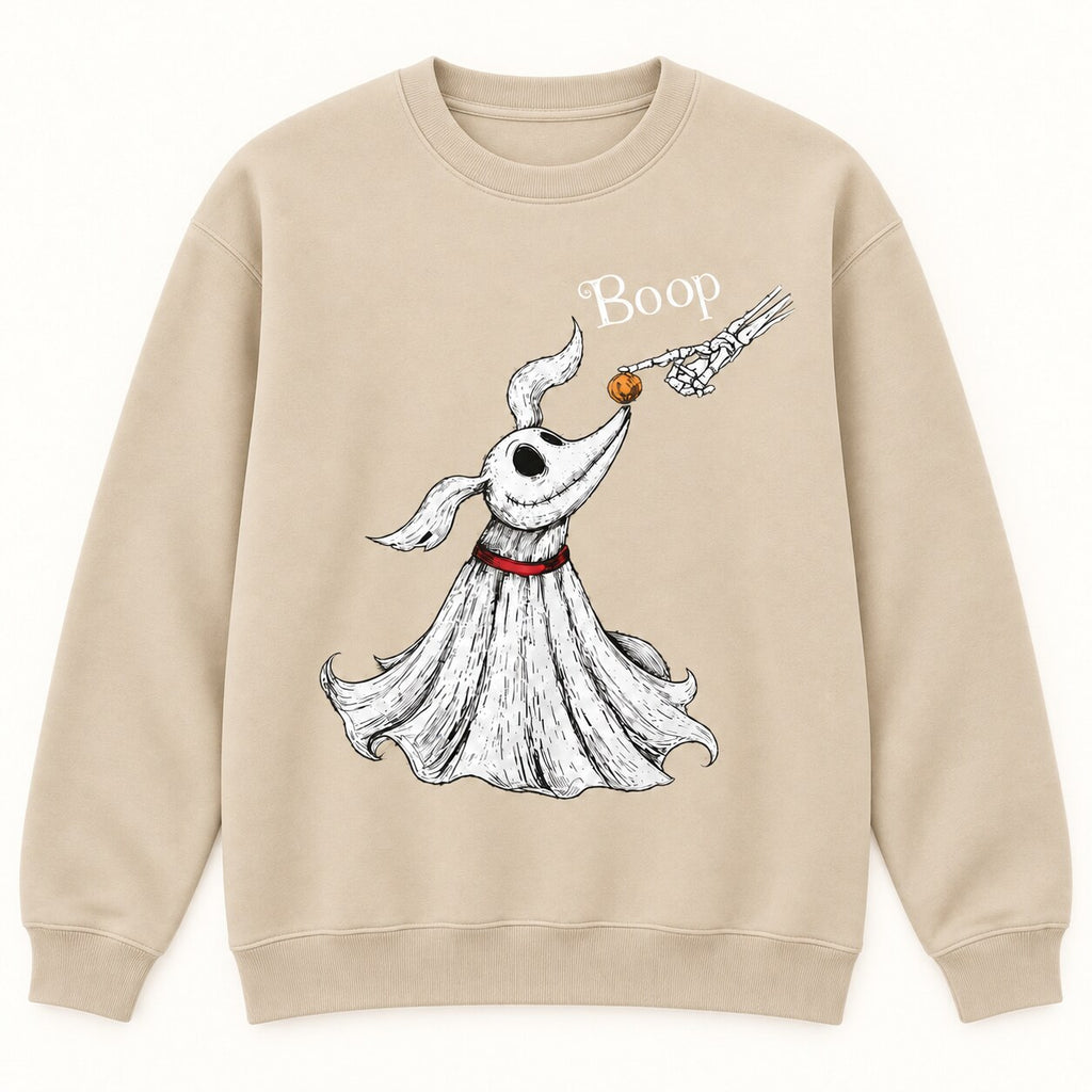 Zero Dog Boop Halloween Graphic T-Shirt, Sweatshirt & Hoodie – Funny Skeleton Hand & Ghost Dog Spooky Season Shirt