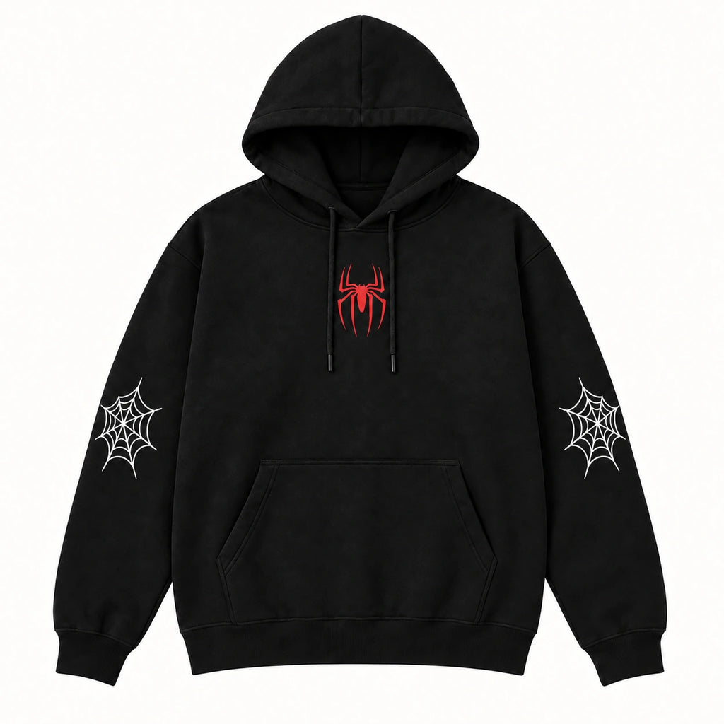 Red Spider Graphic T-Shirt, Sweatshirt & Hoodie – Oversized Back Print & Spider Web Sleeve Design, Y2K Streetwear