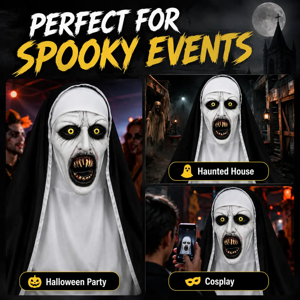 Scary Nun Halloween Mask – Creepy Full Head Horror Mask with Yellow Eyes & Fangs, Halloween Costume & Cosplay
