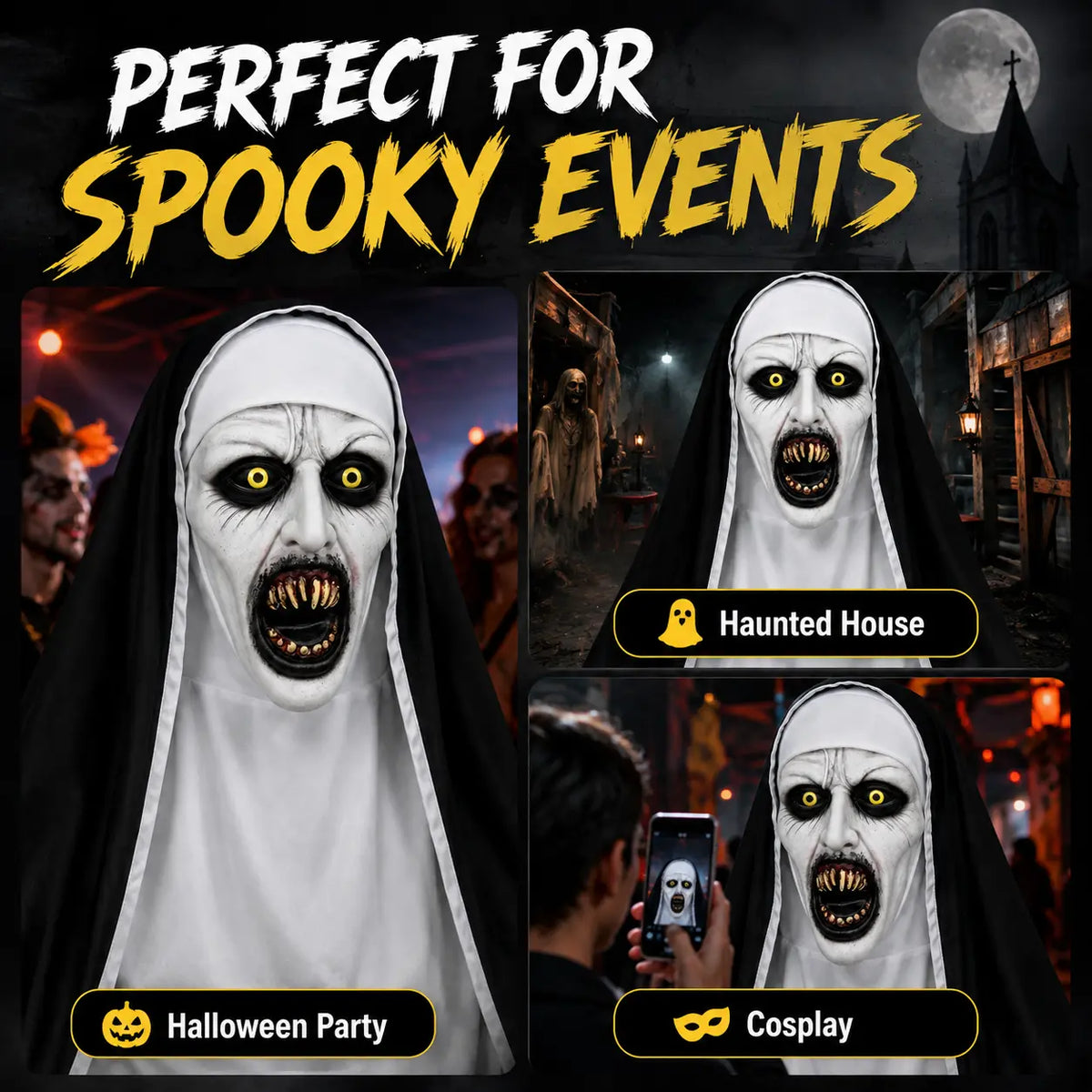 Scary Nun Halloween Mask – Creepy Full Head Horror Mask with Yellow Eyes & Fangs, Halloween Costume & Cosplay