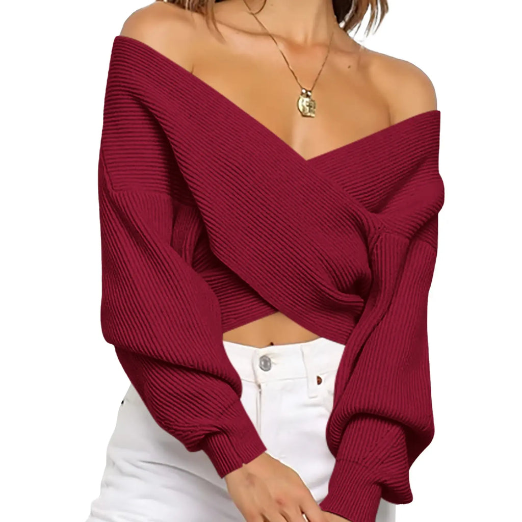 Women’s Off Shoulder Wrap Sweater – V-Neck Cropped Ribbed Knit Pullover with Balloon Sleeves, Trendy Fall & Winter Top