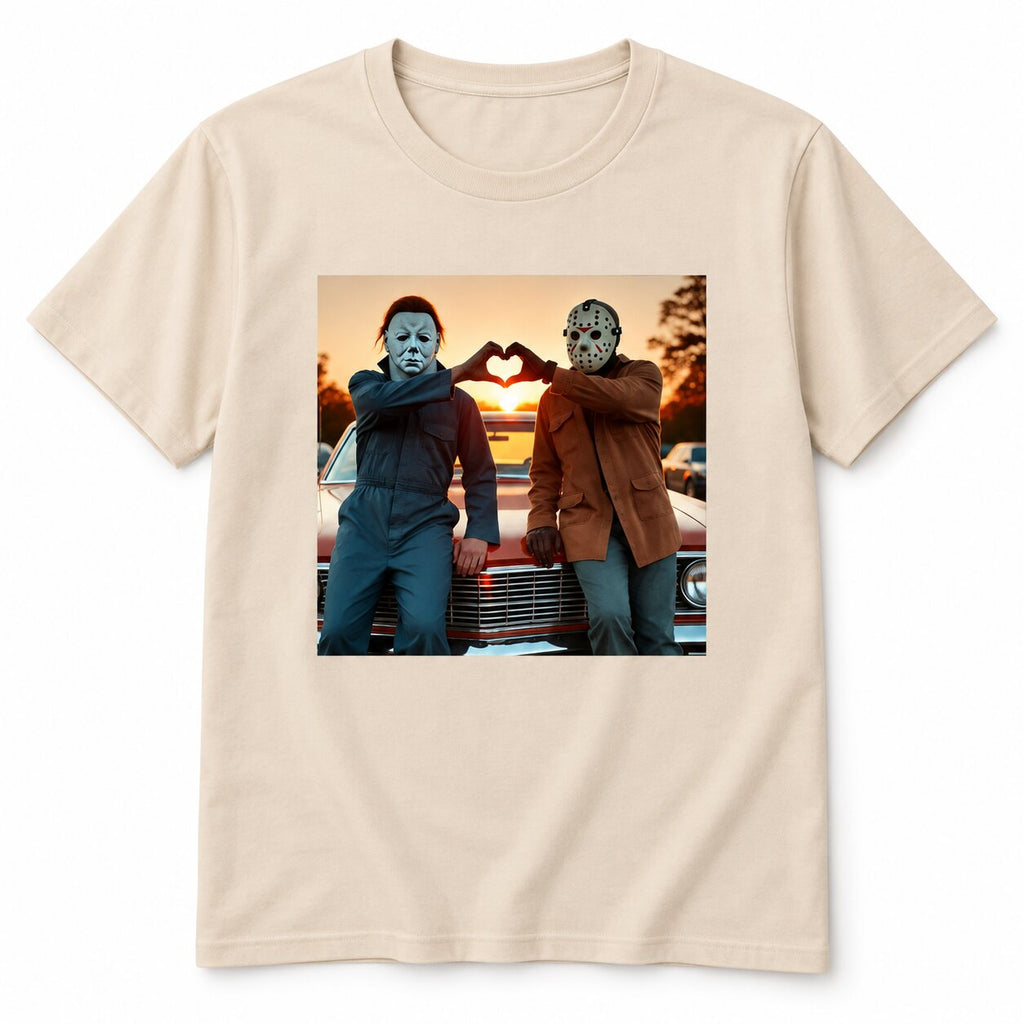 Michael Myers & Jason Heart Hands Graphic T-Shirt, Sweatshirt & Hoodie – Funny Halloween Horror Movie Shirt