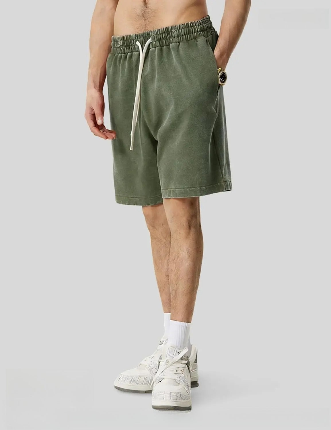 Men's Vintage Washed Cotton Sweat Shorts – Elastic Waist Drawstring Athletic Shorts with Pockets for Gym & Casual Wear