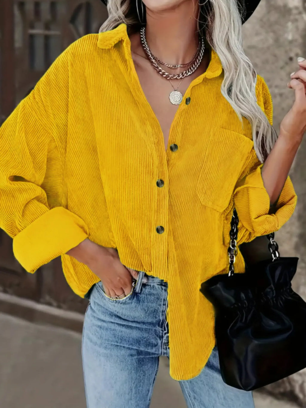 Women’s Oversized Corduroy Button-Down Shirt – Casual Long Sleeve Pocket Shacket with Drop Shoulder