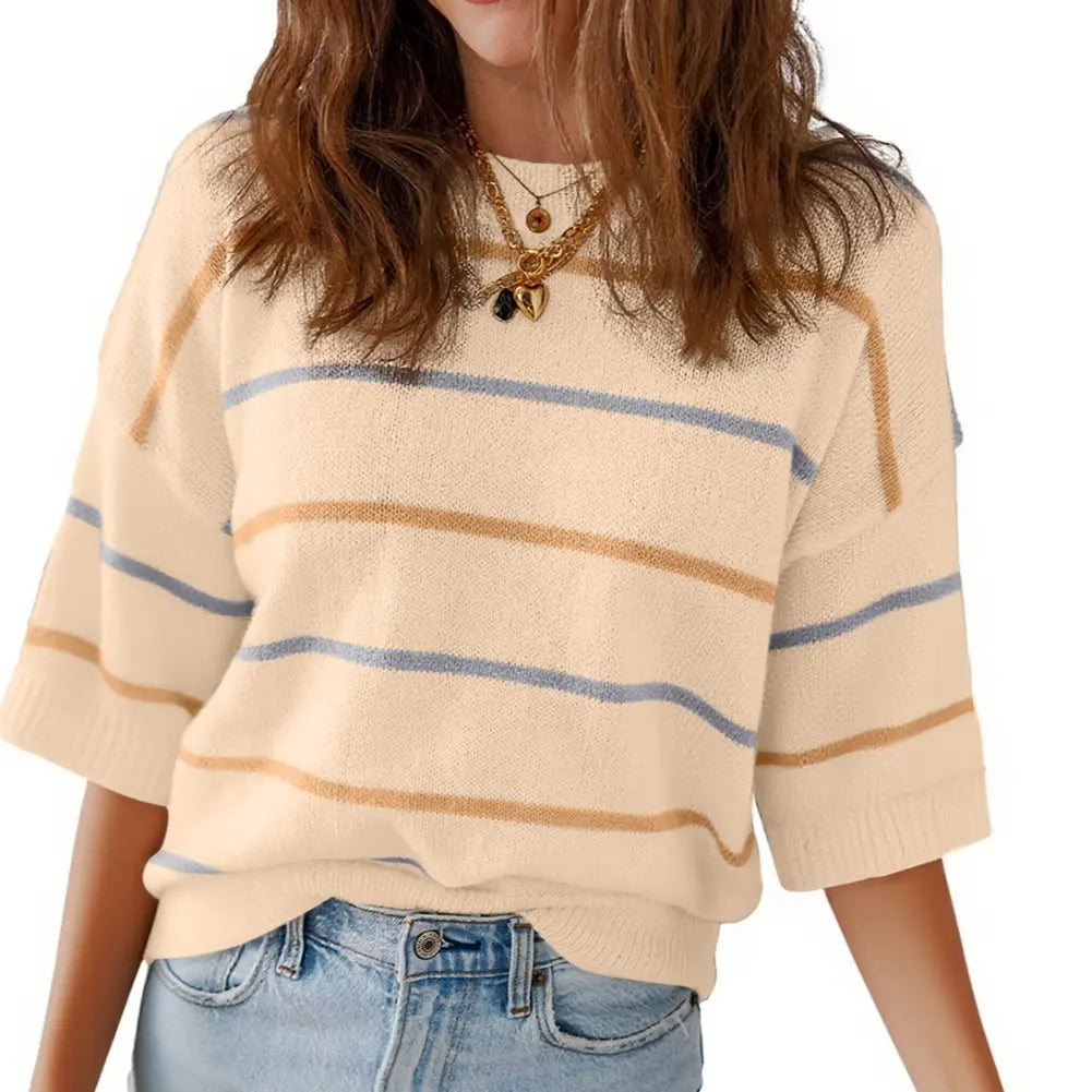 Women's Striped Knit Short Sleeve Sweater – Casual Loose Fit Crew Neck Pullover Top, Lightweight Everyday Wear