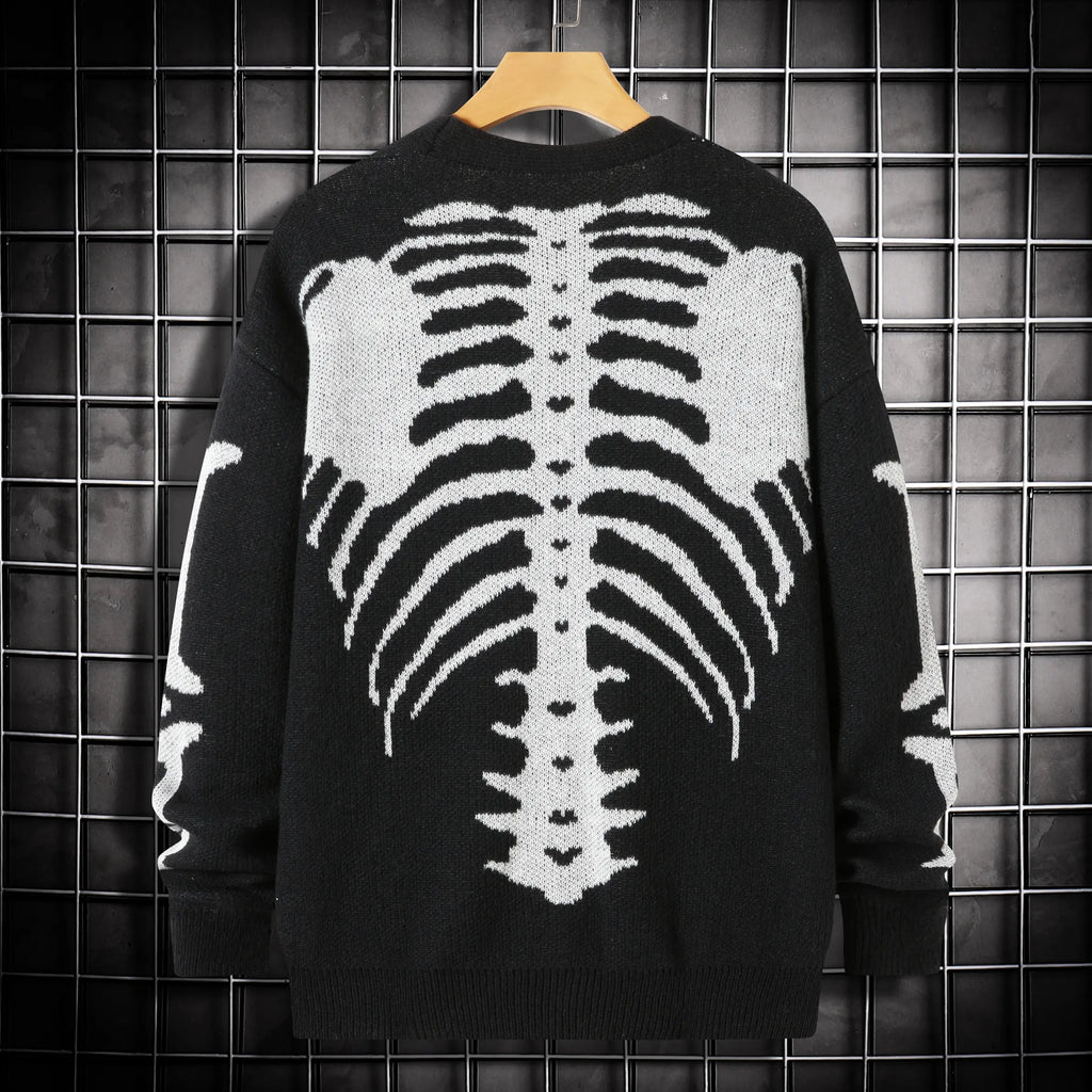 Men’s Skeleton Rib Cage Knit Cardigan – Gothic V-Neck Button-Up Sweater, Oversized Halloween Streetwear