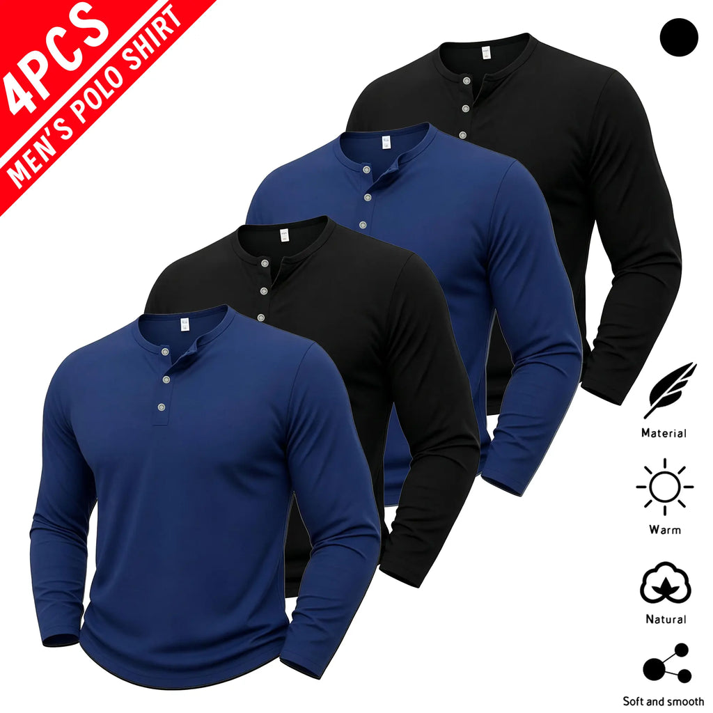 4-Pack Men’s Long Sleeve Henley Shirts – Classic Button Neck Casual Tops, Soft Comfortable Everyday Basic Shirts