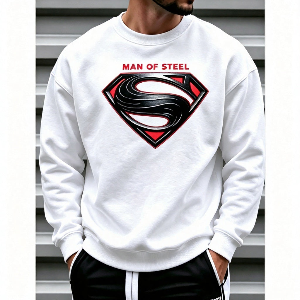 Man of Steel Graphic T-Shirt, Sweatshirt & Hoodie – Superhero Inspired S Shield Print, Retro Comic Streetwear Apparel