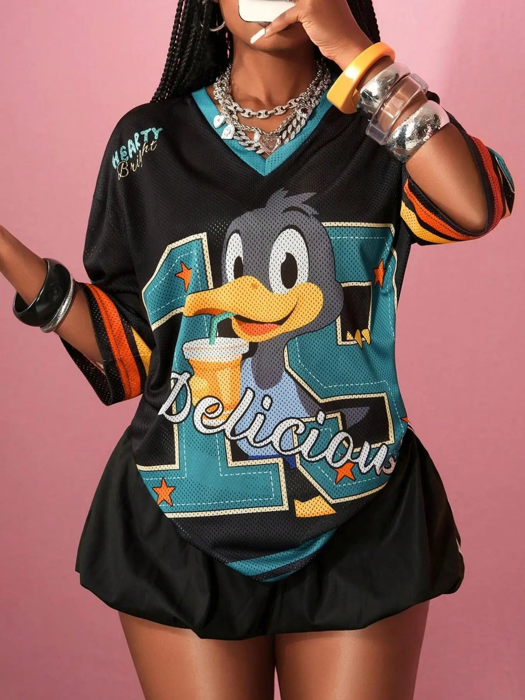 Y2K Retro Mesh Duck Smile Print Sporty Jersey, Women's Breathable V-Neck T-Shirt, Streetwear Festival Daily Fashion Top