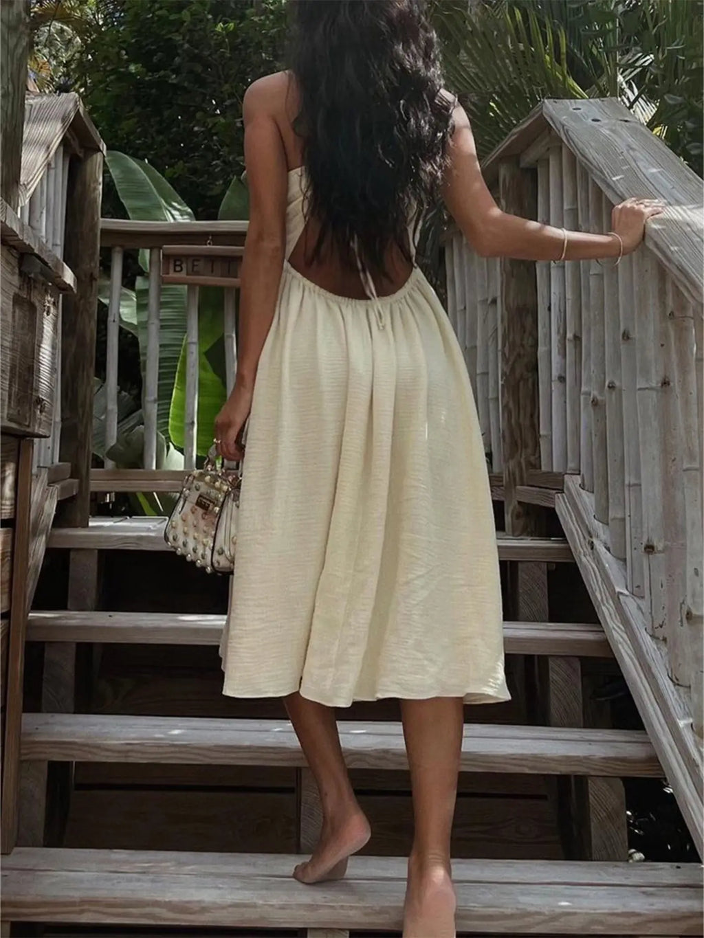 Women's Halter Cut-Out Maxi Dress – Backless Boho Beach Vacation Dress with High Slit, Flowy Summer Resort Outfit