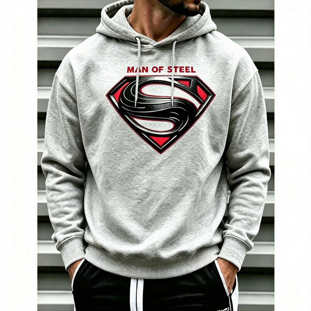 Man of Steel Graphic T-Shirt, Sweatshirt & Hoodie – Superhero Inspired S Shield Print, Retro Comic Streetwear Apparel