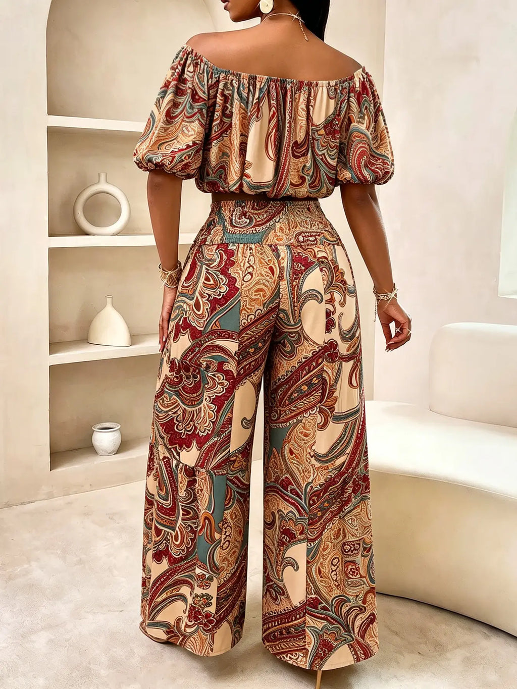 Women's Paisley Print Boho Two Piece Set – Off Shoulder Bubble Sleeve Top & High Waist Wide Leg Pants, Vacation Resort Outfit