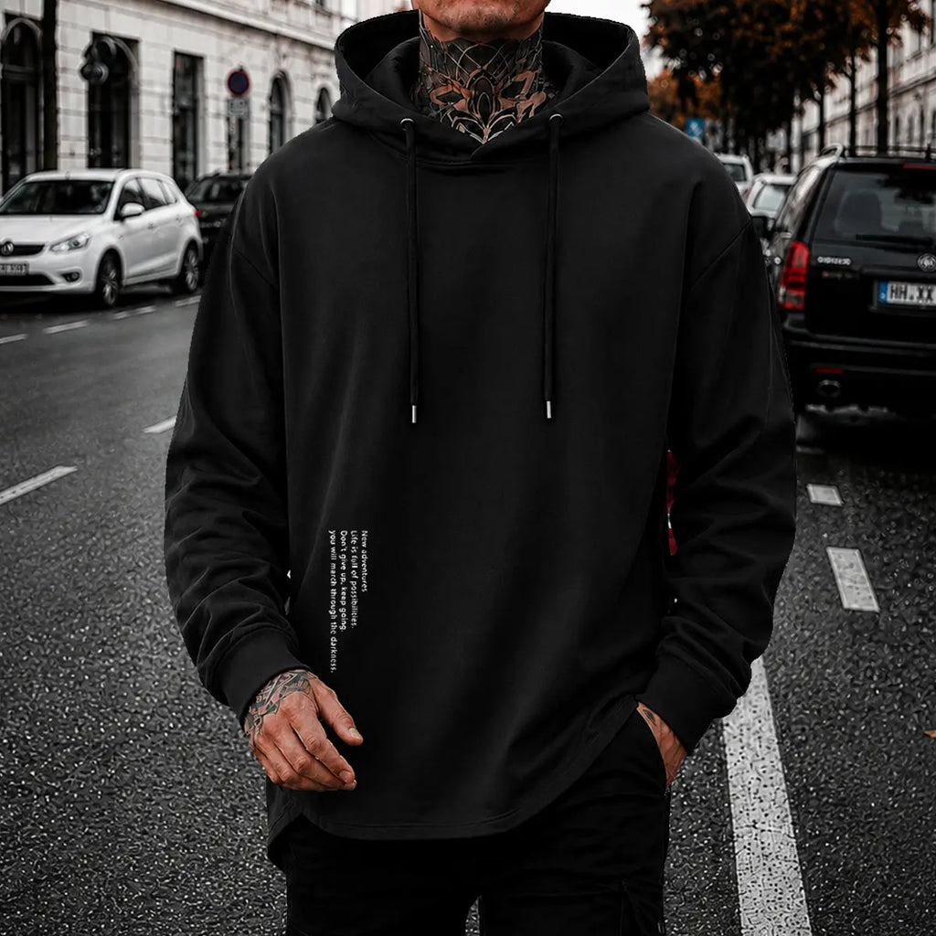 Men’s Minimalist Pullover Hoodie – Casual Letter Graphic Drawstring Sweatshirt, Relaxed Fit Streetwear Top for Everyday Wear