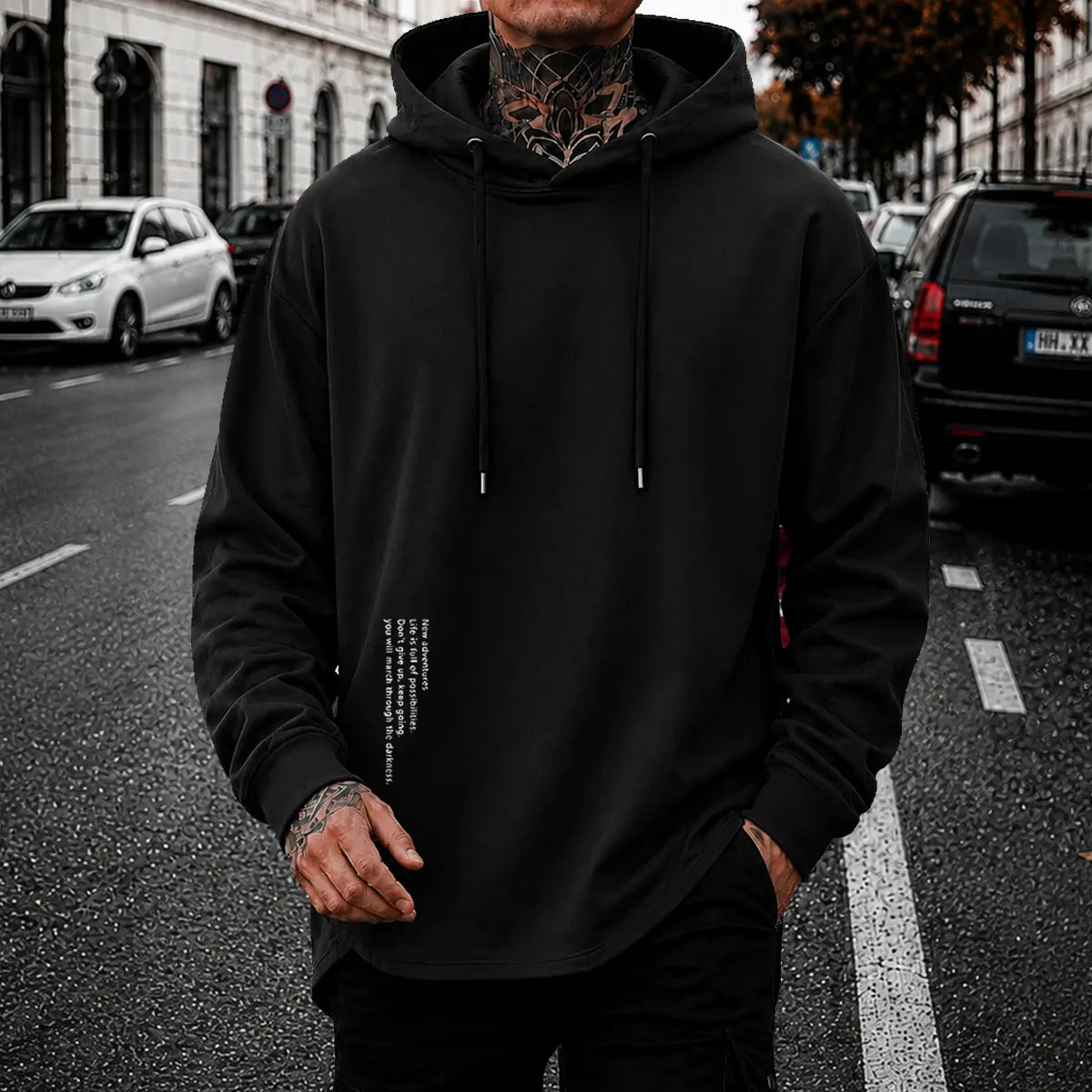 Men’s Minimalist Pullover Hoodie – Casual Letter Graphic Drawstring Sweatshirt, Relaxed Fit Streetwear Top for Everyday Wear