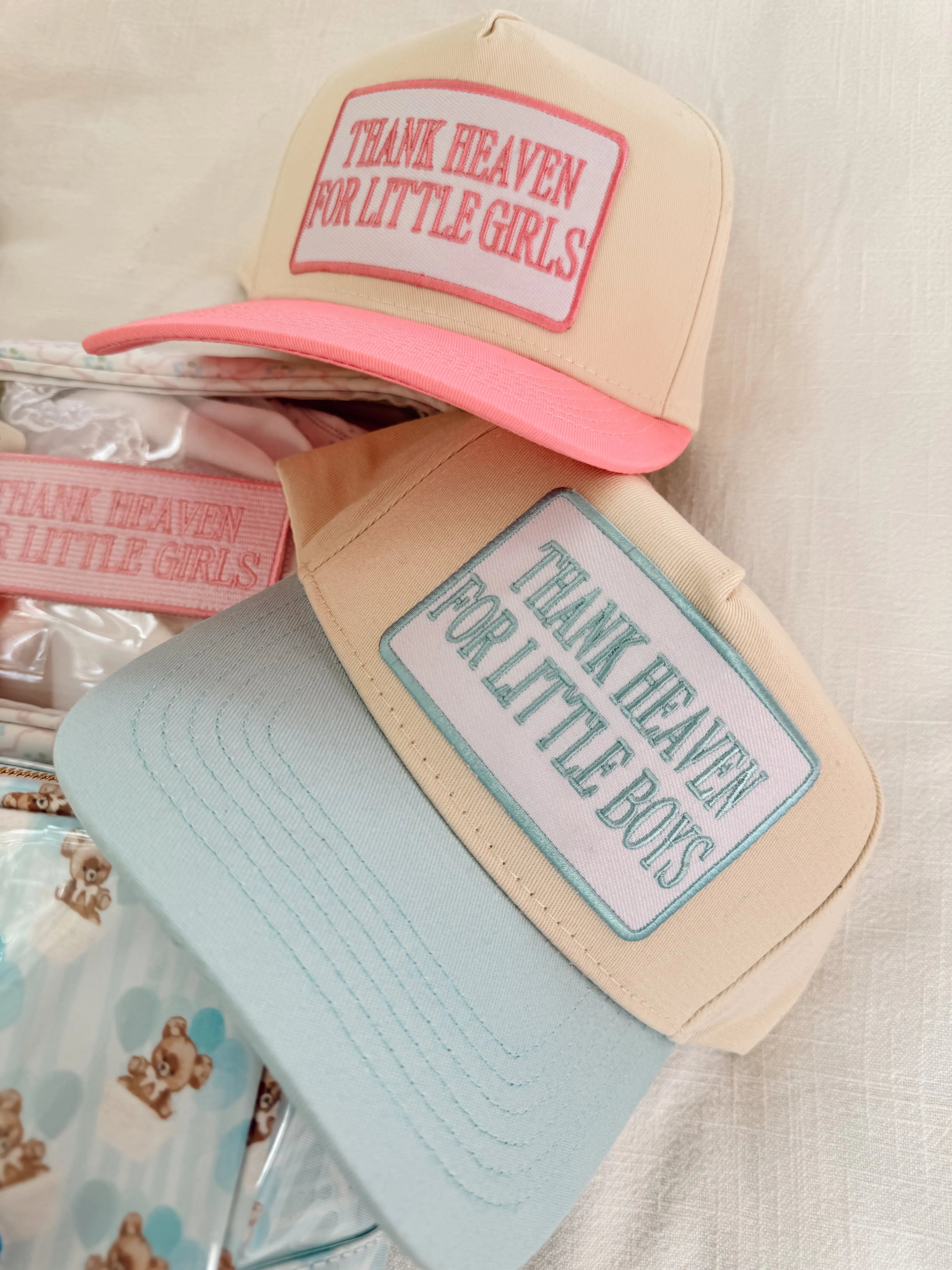 "Thank Heaven for Little Boys" Embroidered Two-Tone Mesh Trucker Hat – Boy Mom Statement Baseball Cap, Mother's Day Gift for Moms