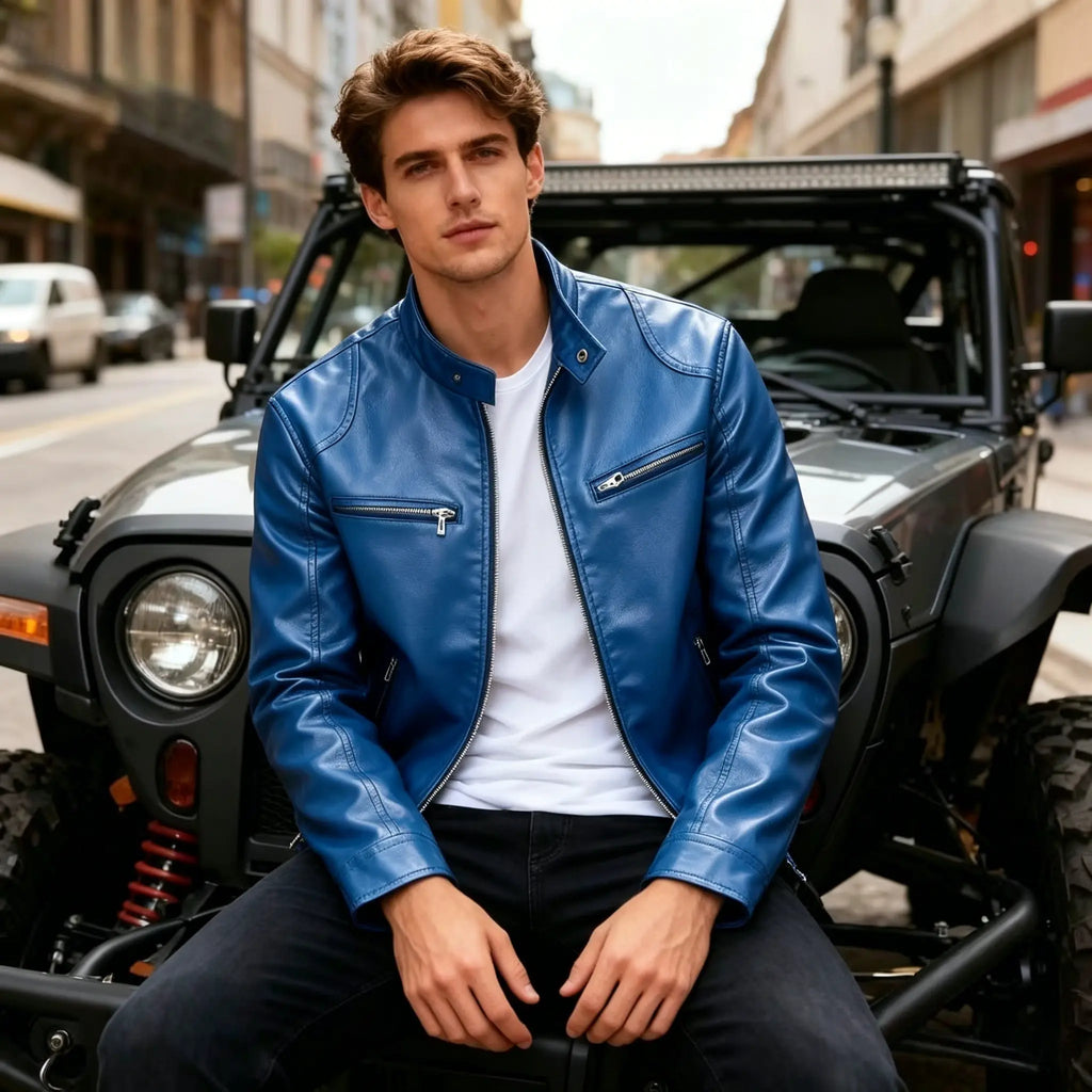 Men’s Faux Leather Biker Jacket – Stand Collar Slim Fit Moto Jacket with Zip Pockets, Casual Streetwear