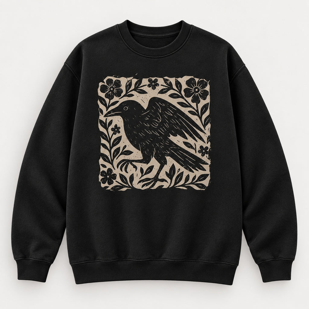 Gothic Raven Floral T-Shirt, Sweatshirt & Hoodie – Vintage Linocut Crow Graphic, Dark Academia Witchy Style