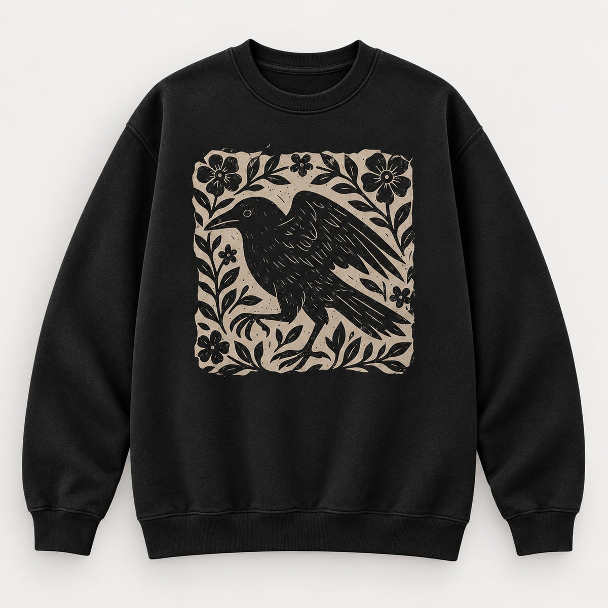 Gothic Raven Floral T-Shirt, Sweatshirt & Hoodie – Vintage Linocut Crow Graphic, Dark Academia Witchy Style