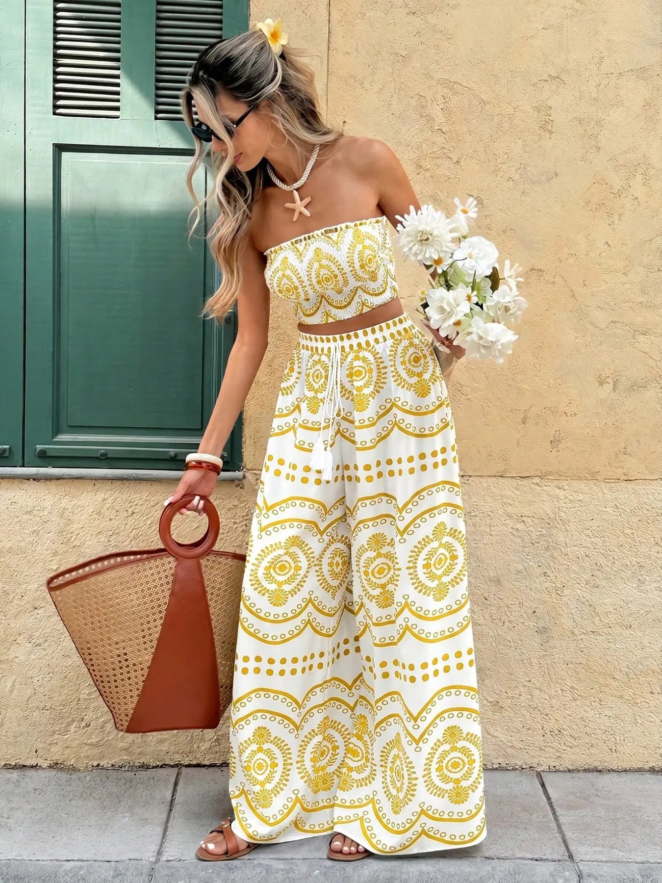 Women's Mediterranean Blue Porcelain Print Two Piece Set – Boho Tube Top & Wide Leg Pants, Vacation Resort Outfit