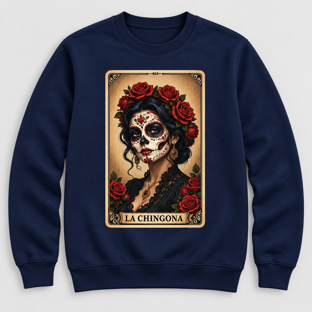 La Chingona T-Shirt, Sweatshirt & Hoodie – Sugar Skull Rose Tarot Graphic, Day of the Dead Latina Pride Gift