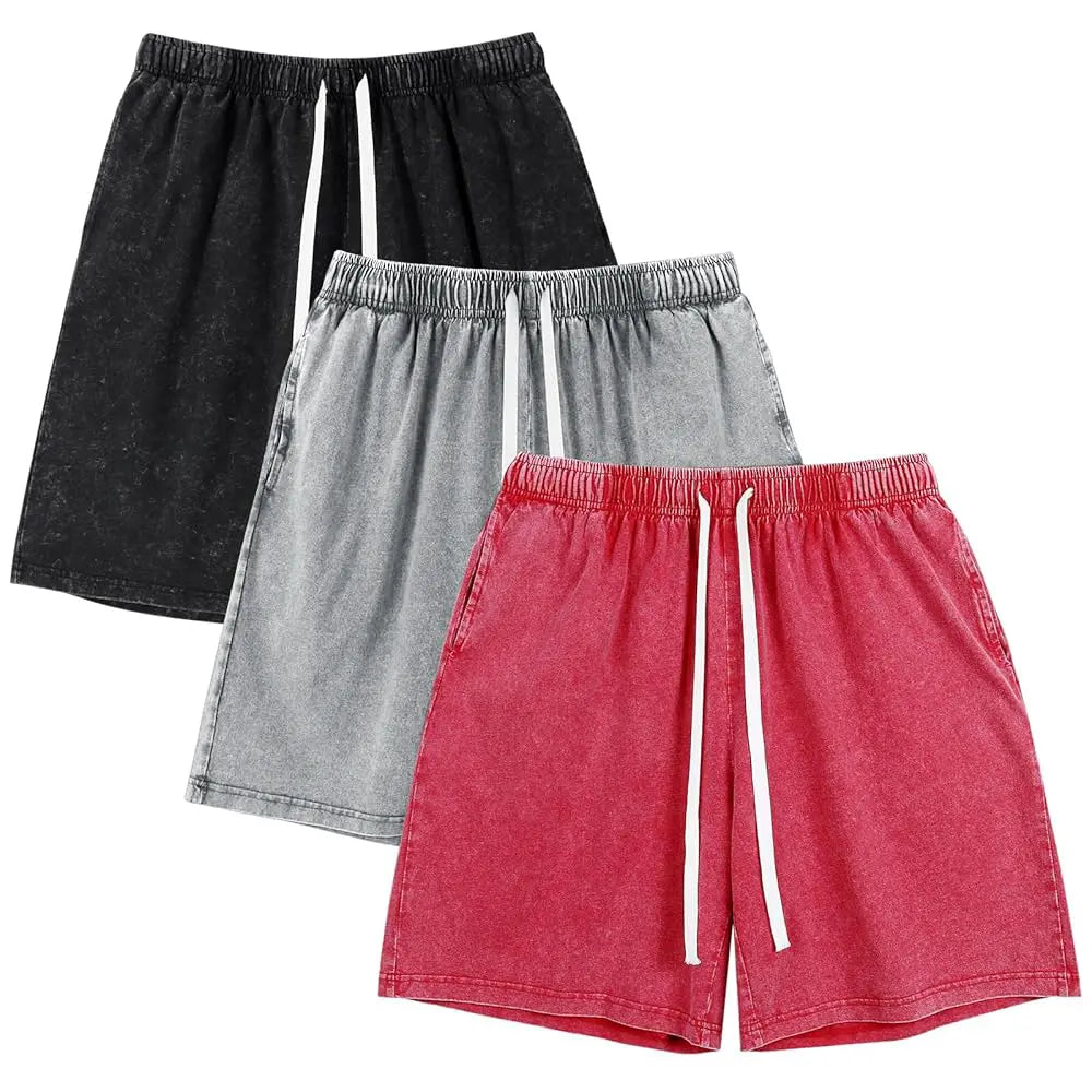 Men's Vintage Washed Cotton Sweat Shorts – Elastic Waist Drawstring Athletic Shorts with Pockets for Gym & Casual Wear