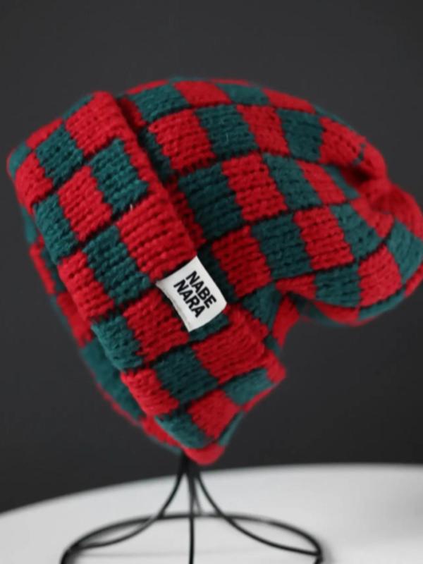 Checkerboard Knit Beanie – Trendy Cuffed Winter Hat, Casual Streetwear Accessory for Men & Women
