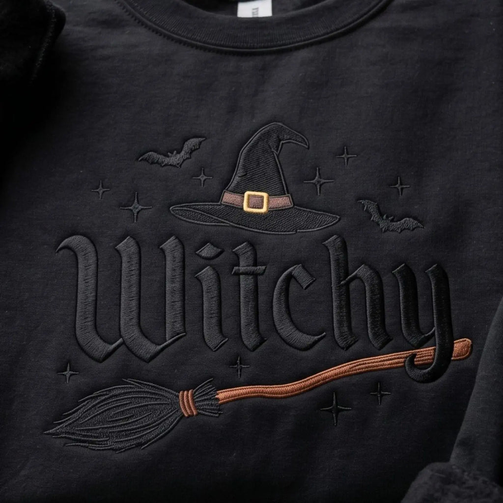 Witchy Halloween Embroidered Sweatshirt & Hoodie, T-Shirt – Witch Hat, Broomstick & Bats Spooky Season Apparel