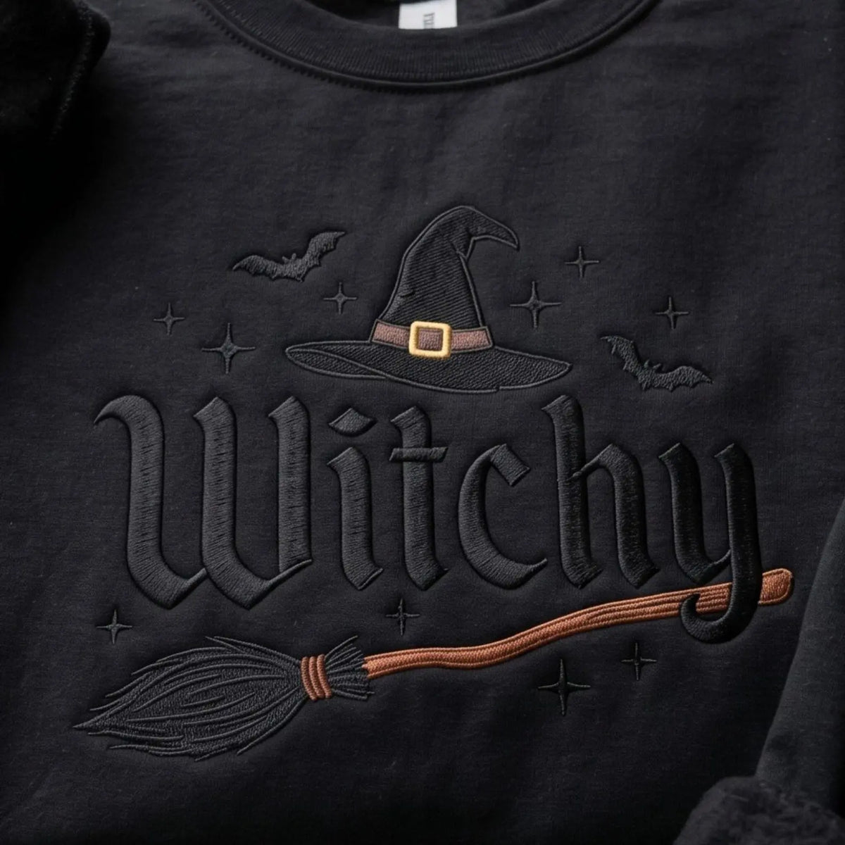 Witchy Halloween Embroidered Sweatshirt & Hoodie, T-Shirt – Witch Hat, Broomstick & Bats Spooky Season Apparel