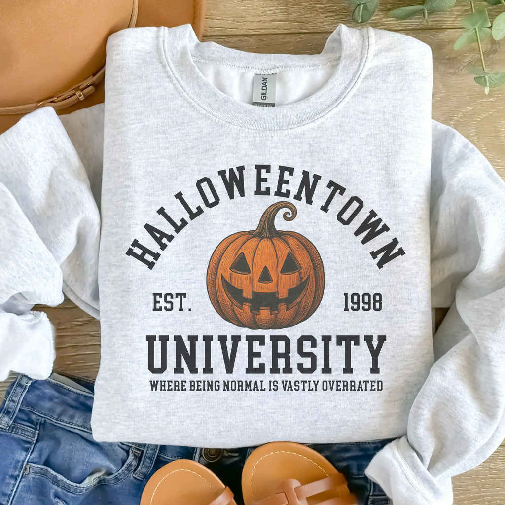 Halloween Town University Pumpkin Sweatshirt – Vintage Collegiate Graphic Crewneck, Spooky Season Fall Pullover for Halloween Lovers