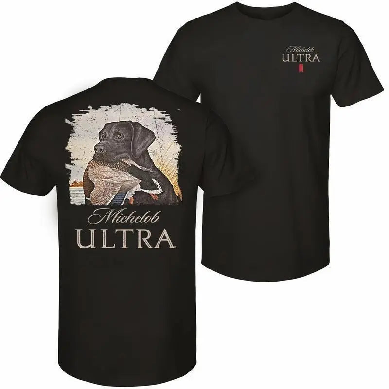 Mallard Duck & Hunting Dog Graphic T-Shirt – Vintage 2-Sided Print Cotton Tee for Outdoor & Beer Lovers, Unisex Casual Streetwear