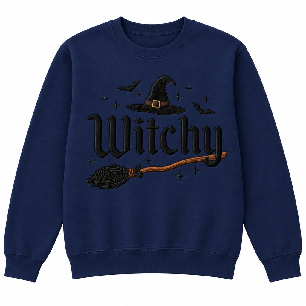 Witchy Halloween Embroidered Sweatshirt & Hoodie, T-Shirt – Witch Hat, Broomstick & Bats Spooky Season Apparel