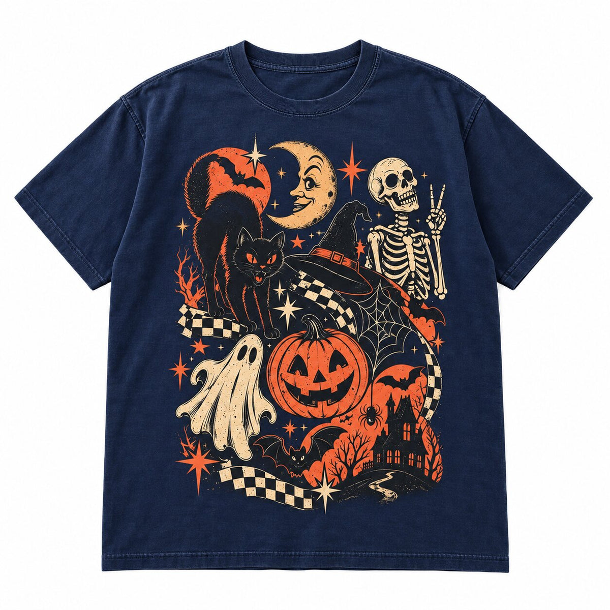 Retro Halloween Black Cat Ghost & Skeleton T-Shirt, Sweatshirt & Hoodie – Spooky Cute Vintage Graphic Apparel