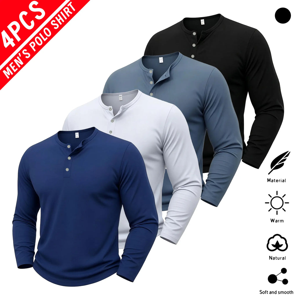 4-Pack Men’s Long Sleeve Henley Shirts – Classic Button Neck Casual Tops, Soft Comfortable Everyday Basic Shirts