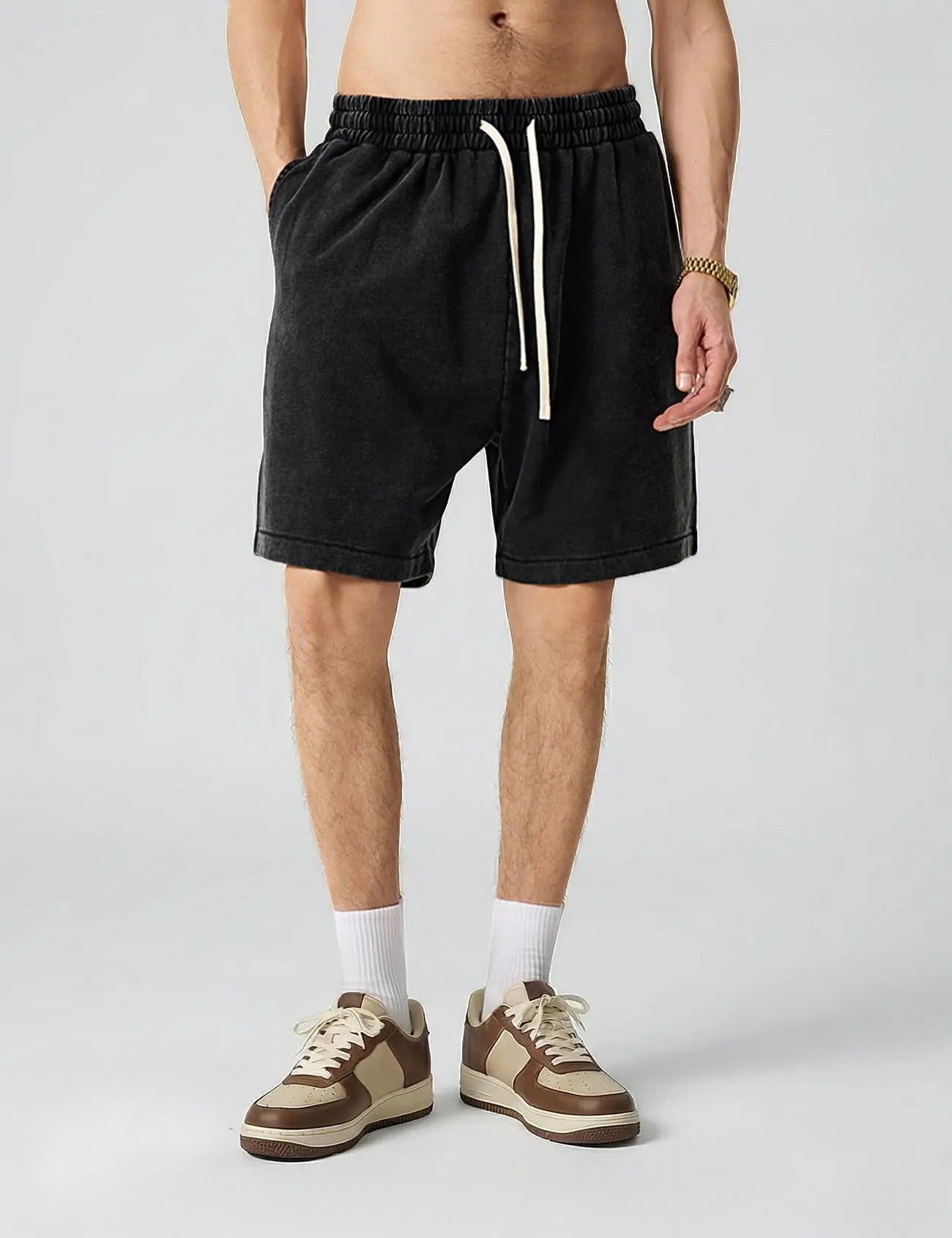 Men's Vintage Washed Cotton Sweat Shorts – Elastic Waist Drawstring Athletic Shorts with Pockets for Gym & Casual Wear