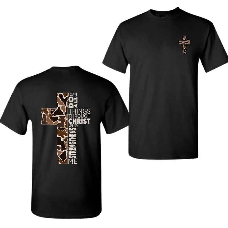 Philippians 4:13 Graphic T-Shirt, Sweatshirt & Hoodie – I Can Do All Things Through Christ Camo Cross Christian Faith Print