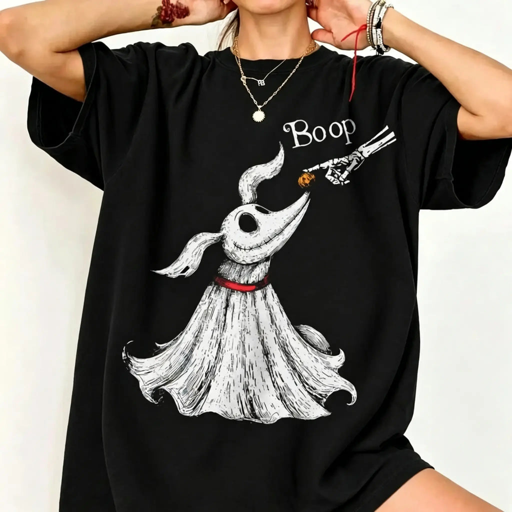Zero Dog Boop Halloween Graphic T-Shirt, Sweatshirt & Hoodie – Funny Skeleton Hand & Ghost Dog Spooky Season Shirt