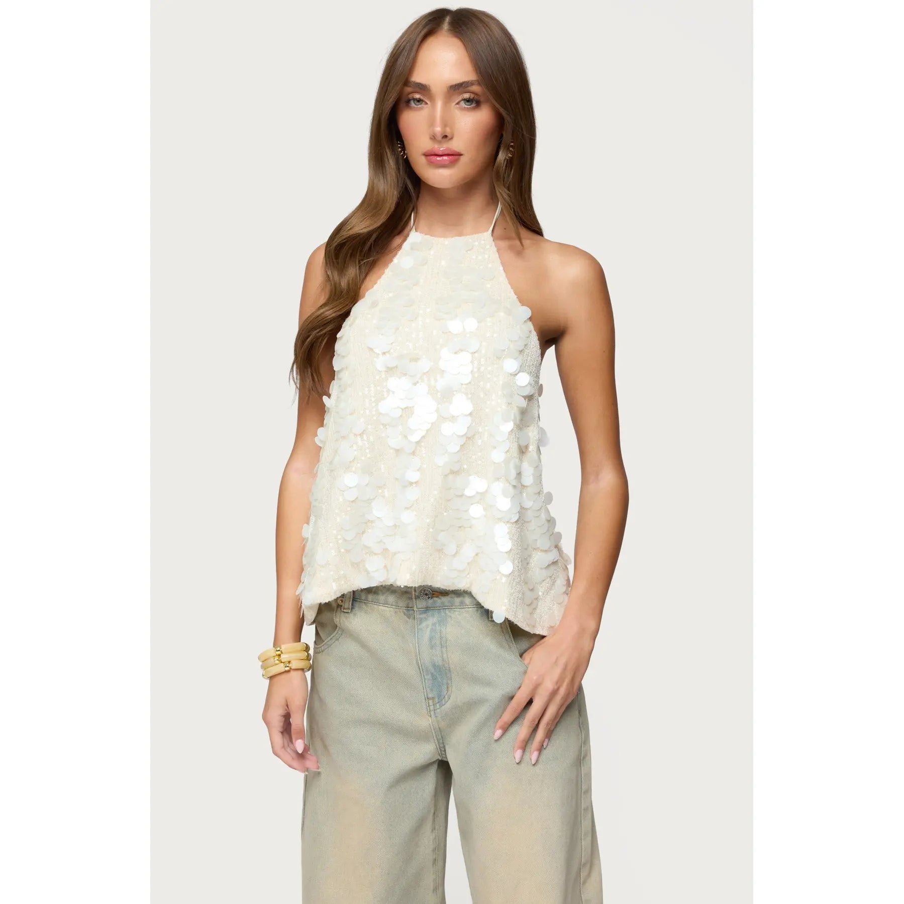 Women's Sequin Halter Top – Backless Sleeveless Party Tank, Elegant Summer Going Out Blouse