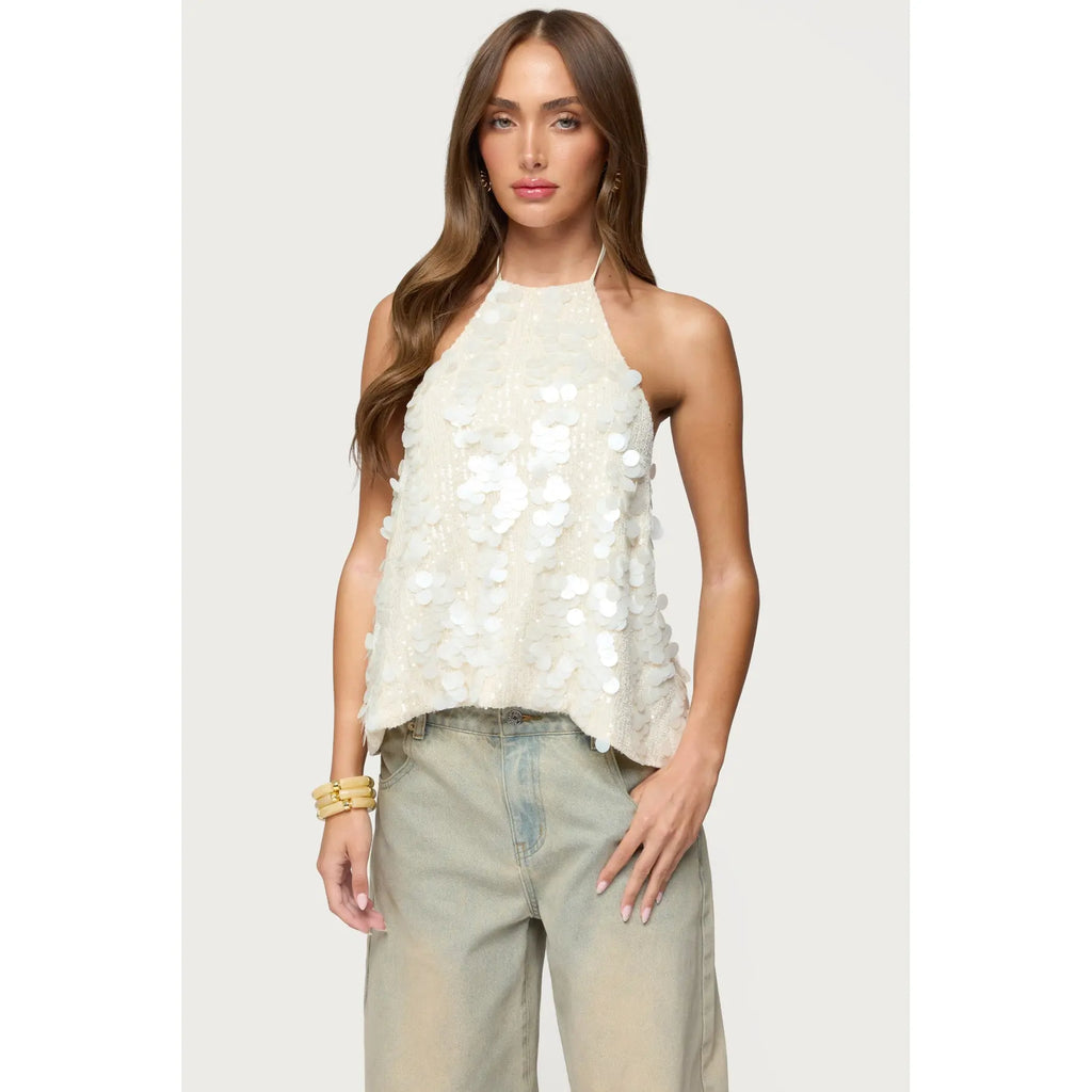 Women's Sequin Halter Top – Backless Sleeveless Party Tank, Elegant Summer Going Out Blouse