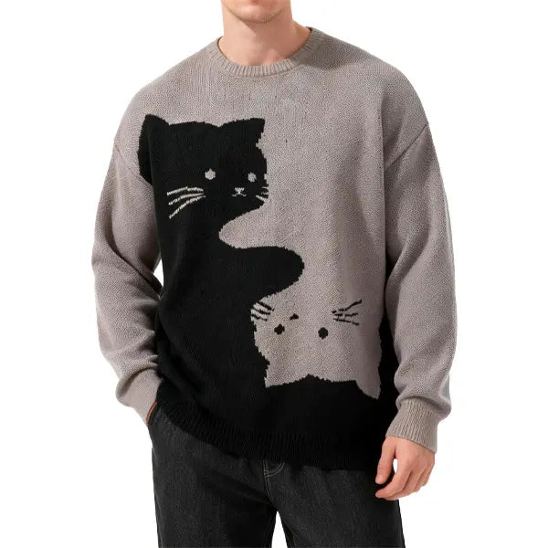 Funny Cat Graphic Knit Sweater – Oversized Crew Neck Pullover, Cute Black & White Cat Pattern Long Sleeve Knitwear, Casual Cozy Fall Winter Streetwear