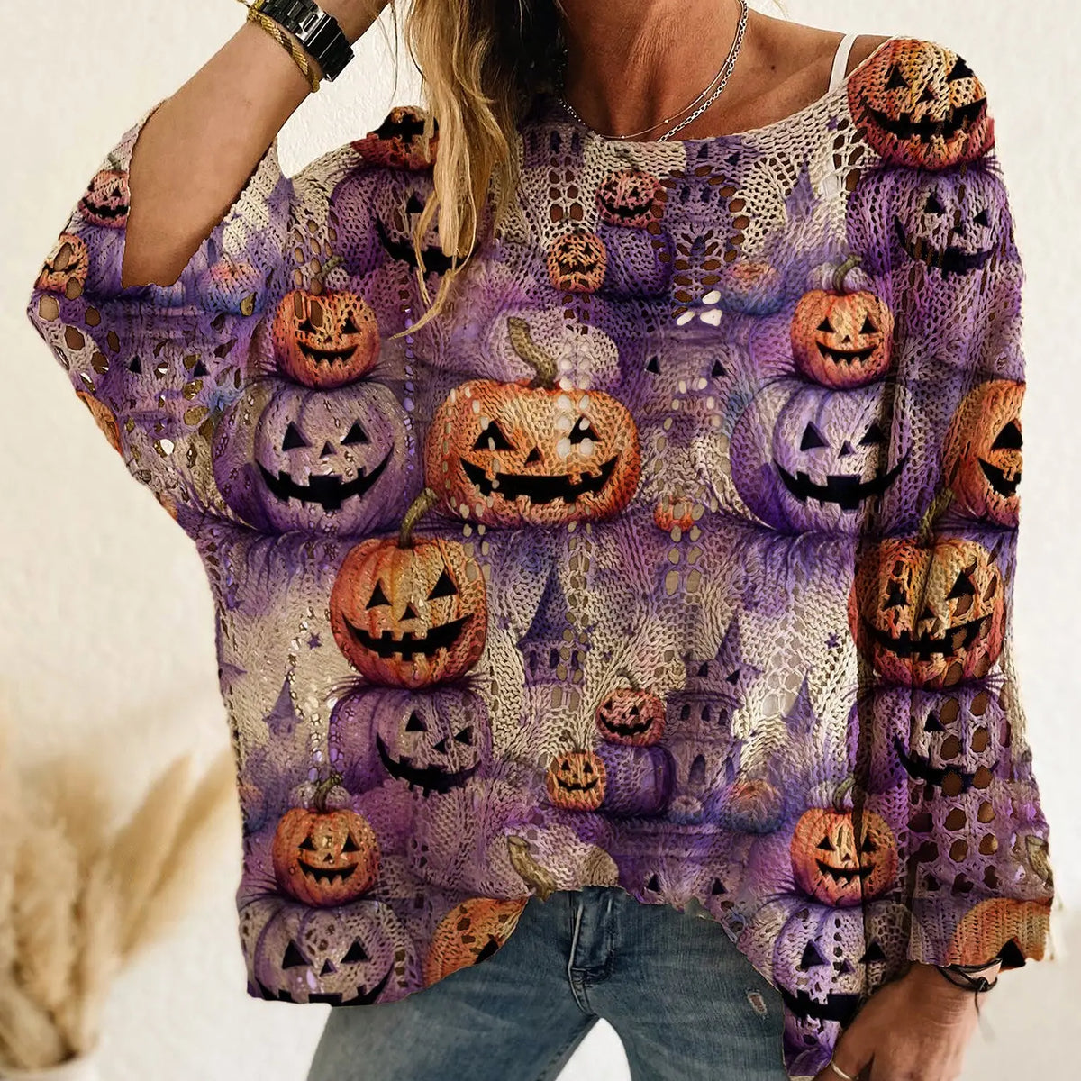 Halloween Pumpkin Bat Open Knit Sweater – Oversized Crochet Pullover with Spider Web Details, Spooky Fall Casual Knit Top
