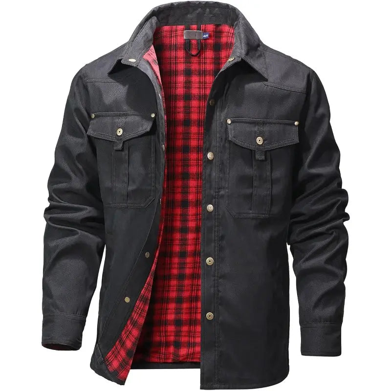 Men’s Plaid Lined Shirt Jacket – Western Workwear Button-Up Shacket with Utility Pockets, Casual Outdoor Jacket