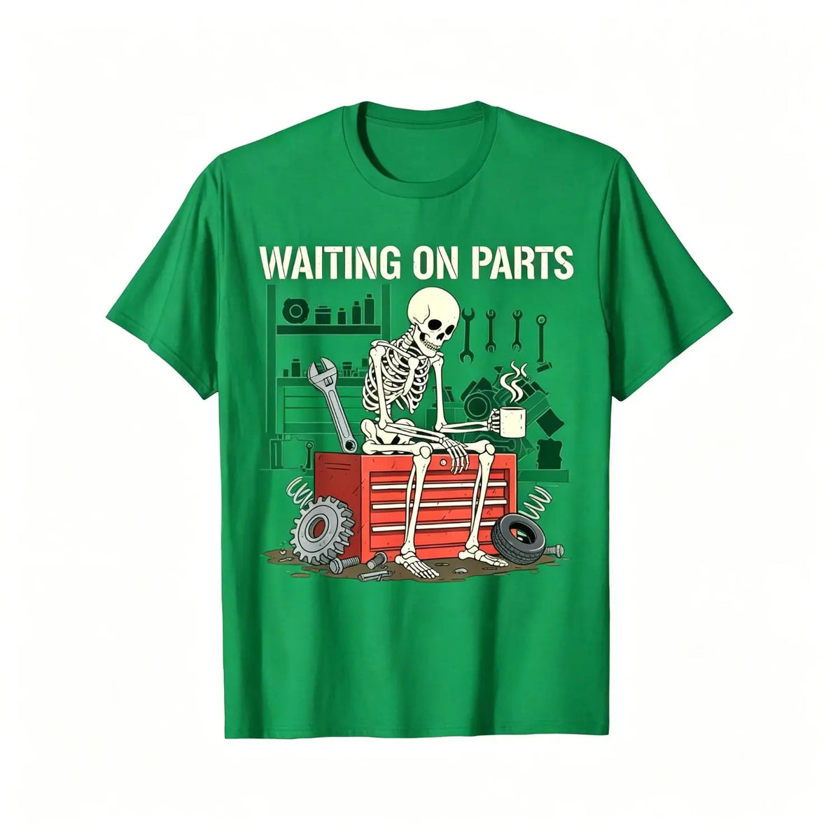 Waiting on Parts Mechanic Graphic T-Shirt, Sweatshirt & Hoodie – Funny Skeleton Auto Repair Print, Garage Mechanic Gift Apparel