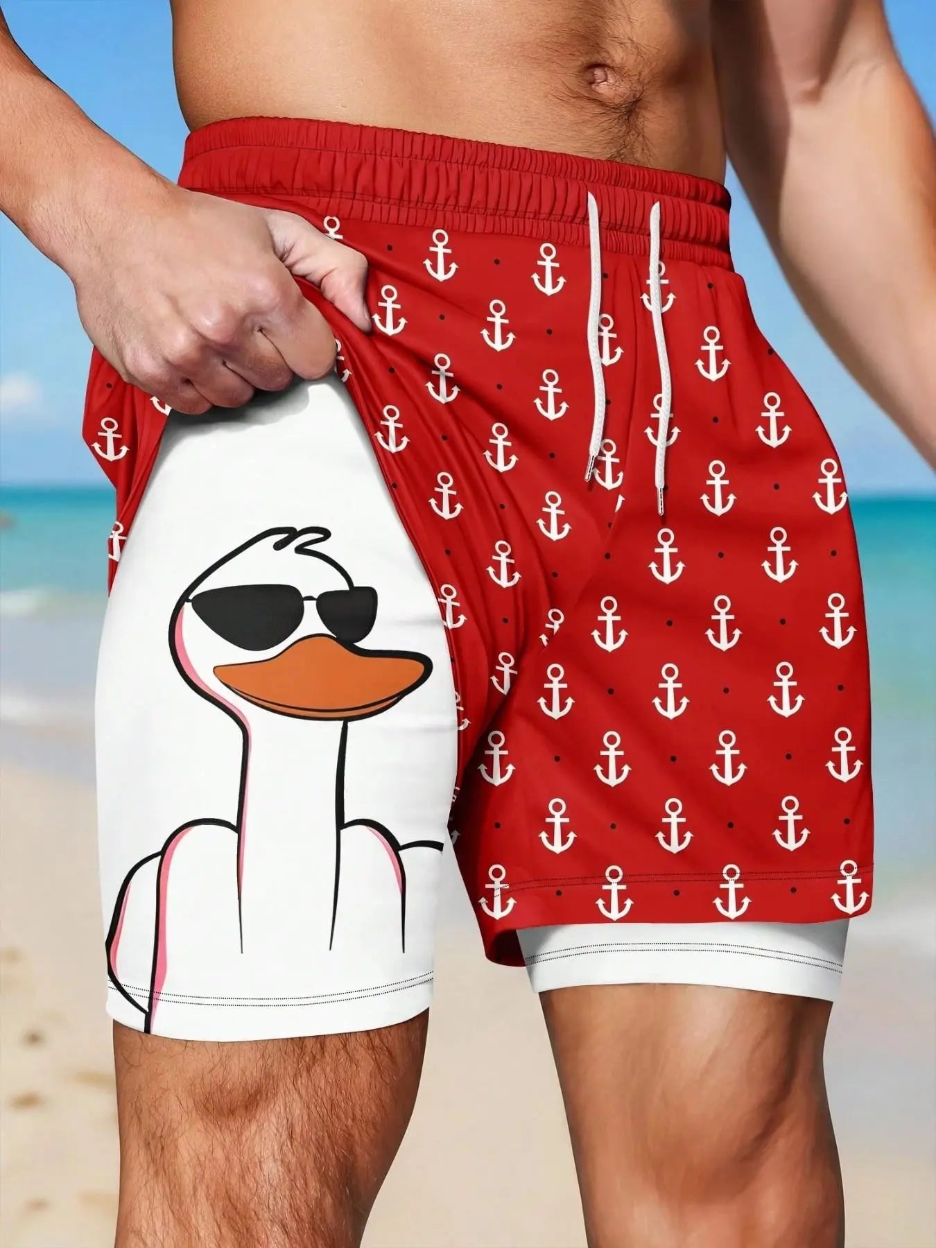 Men's 2-in-1 Funny Duck Swim Shorts – Quick Dry Beach Trunks with Anchor Print, Drawstring Waist for Summer Vacation